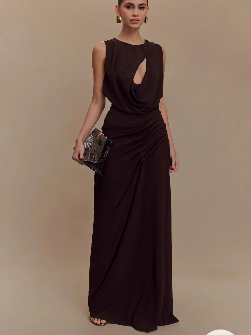 Meshki Oria Chiffon Maxi Dress (S) - Brown Draped Sleeveless Evening Gown - Picture 2 of 6